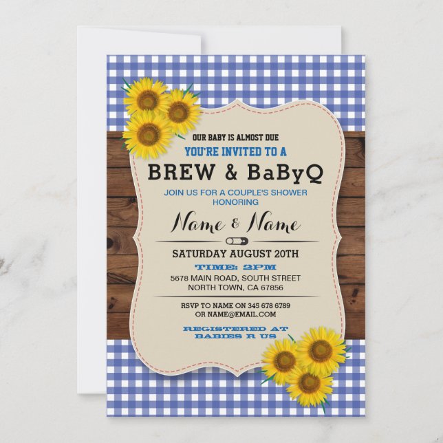 Brew and BABYQ Baby Shower Blue Sunflower Invite (Front)