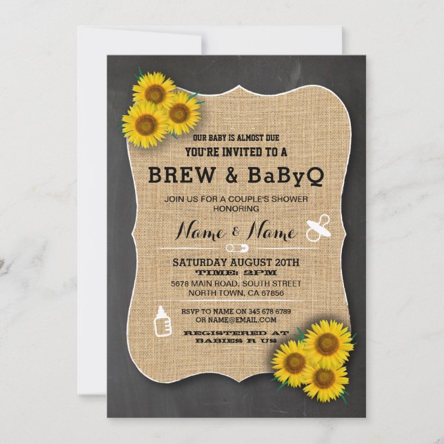 Brew and BABYQ Baby Shower Chalk Sunflower Invite (Front)