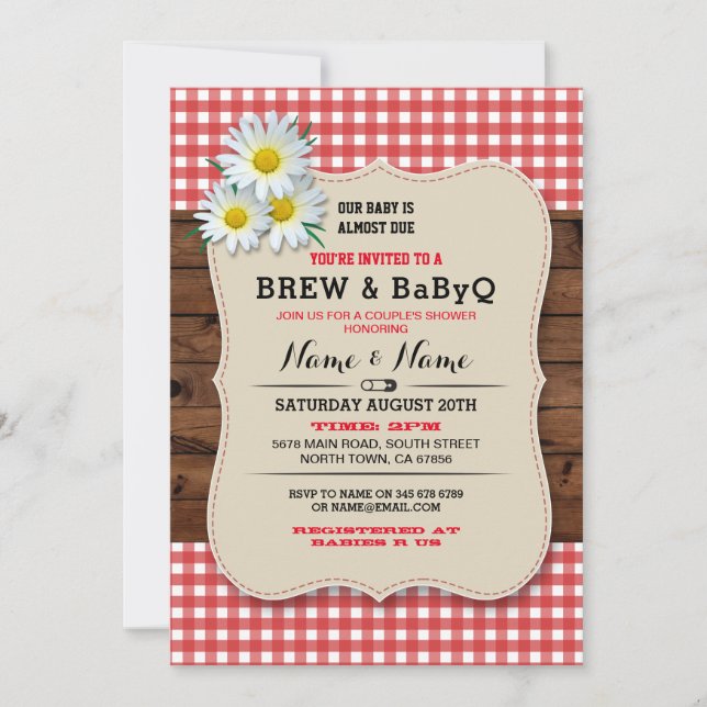 Brew and BABYQ Baby Shower Red Wood Daisy Invite (Front)