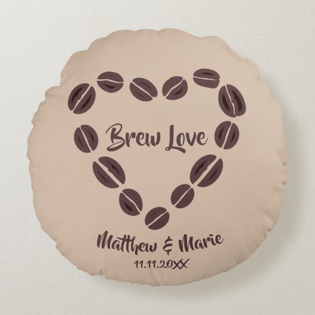 Brew Love Coffee Bean Heart Round Cushion (Front)