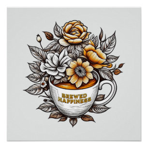 Brewed Happiness Coffee Flowers Poster