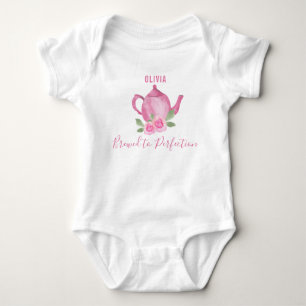 Brewed to Perfection Pink Watercolor Teapot Girl's Baby Bodysuit