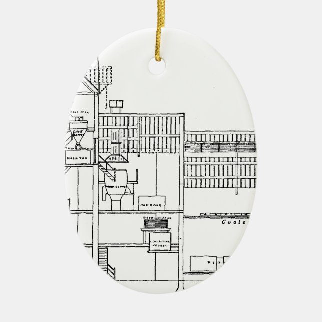 Brewery Blueprint Ceramic Tree Decoration (Front)