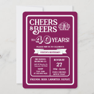 Brewery Pub Birthday Cheers and Beers to 40 Years Invitation