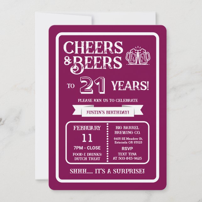 Brewery Surprise Cheers and Beers to 21 Years Invitation (Front)