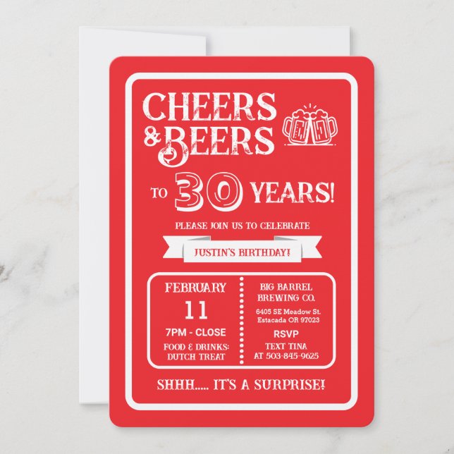 Brewery Surprise Cheers and Beers to 30 Years Invitation (Front)