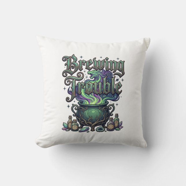 Brewing Trouble Cauldron Dragon Alchemy Crystals H Cushion (Front)