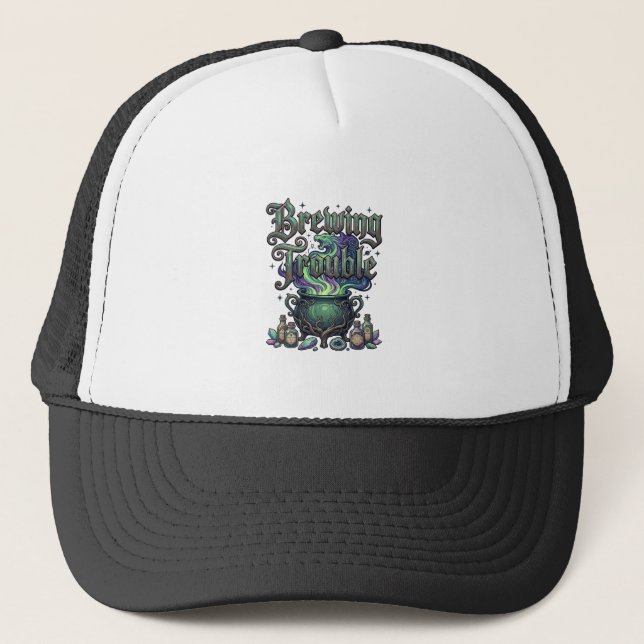 Brewing Trouble Cauldron Dragon Alchemy Crystals H Trucker Hat (Front)
