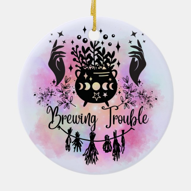 Brewing Trouble: Mischievous Witchy Design Ceramic Tree Decoration (Back)