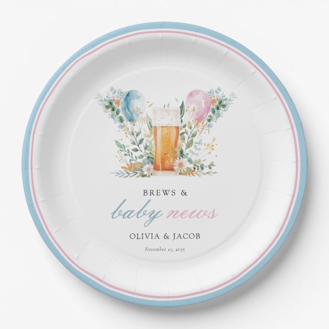 Brews & Baby News Gender Reveal Party Paper Plate (Front)