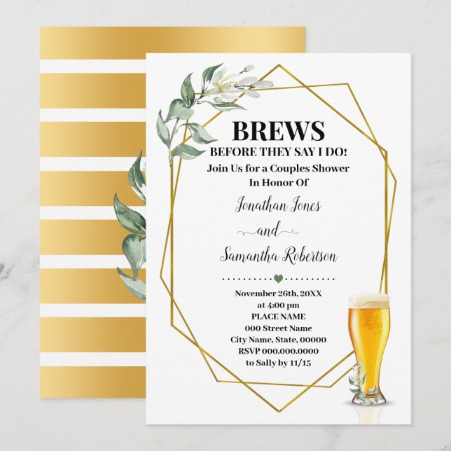 Brews before I do Greenery Gold Couples Shower Invitation (Front/Back)