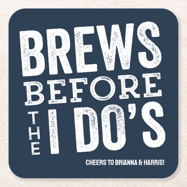 Brews before I Do's navy brewery rehearsal dinner Square Paper Coaster (Front)