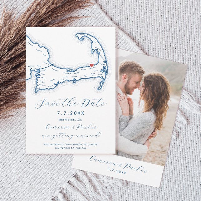 Brewster MA Cape Cod Map Navy Blue Wedding Save The Date (Brewster MA Cape Cod Map Save the Date with Photo in Elegant Modern Navy Blue. Coastal Map Designs)