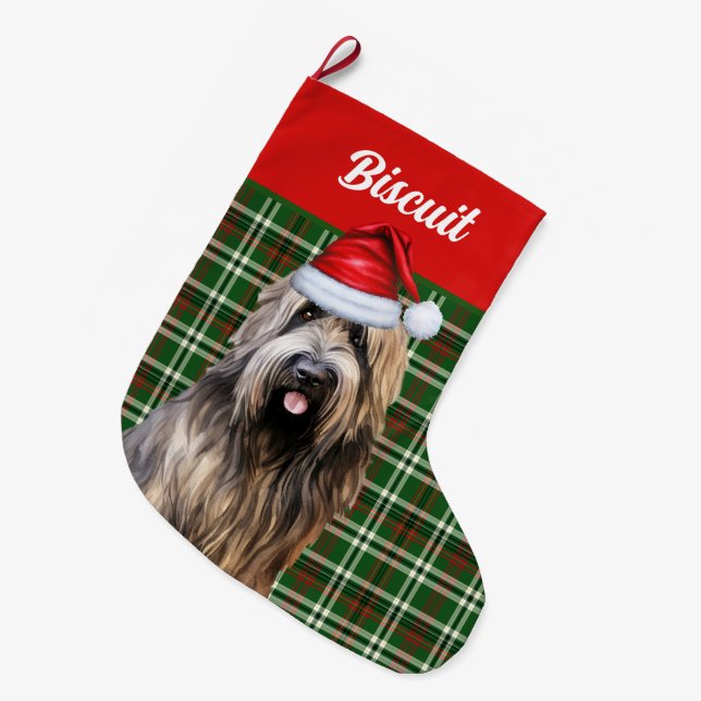 Briard Shepherd Dog Green Plaid Personalised Large Christmas Stocking (Front (Hanging))