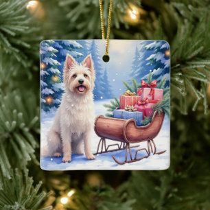 Briard Vintage Sleigh Winter Christmas Art Ceramic Ornament