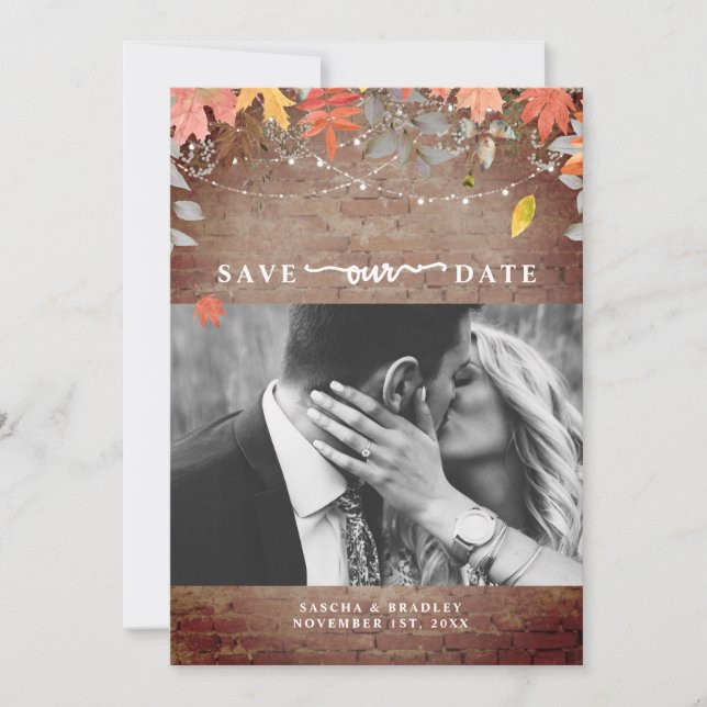 Brick Autumn Foliage Lights Photo Fall Wedding Save The Date (Front)