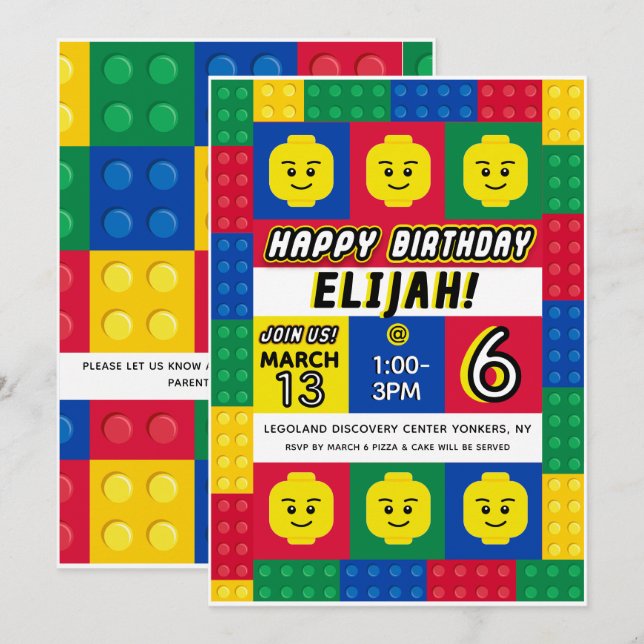 Brick Builder Block Man Customisable Invitation (Front/Back)