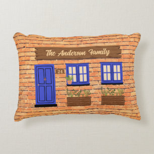 Brick House with Blue Door Custom Text Decorative Cushion