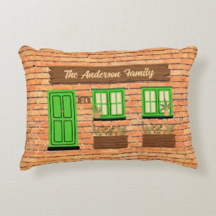 Brick House with Green Door Custom Text Decorative Cushion