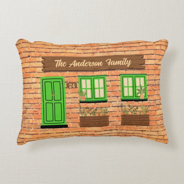Brick House with Green Door Custom Text Decorative Cushion (Front)