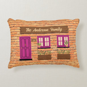 Brick House with Pink Door Custom Text Decorative Cushion