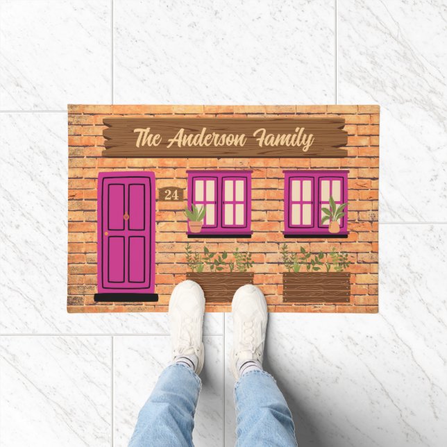 Brick House with Pink Door Custom Text Doormat (Indoor)