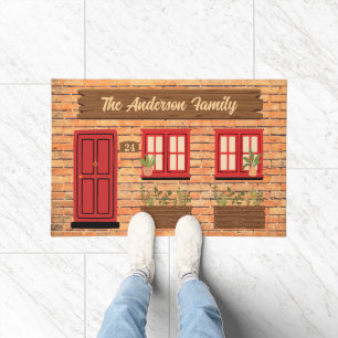 Brick House with Red Door Custom Text Doormat