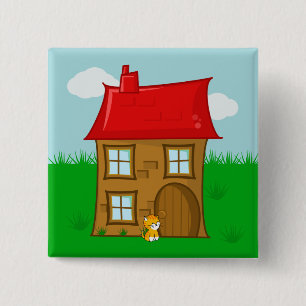 Brick House with Red Roof and Ginger Cat 15 Cm Square Badge
