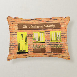 Brick House with Yellow Door Custom Text Decorative Cushion