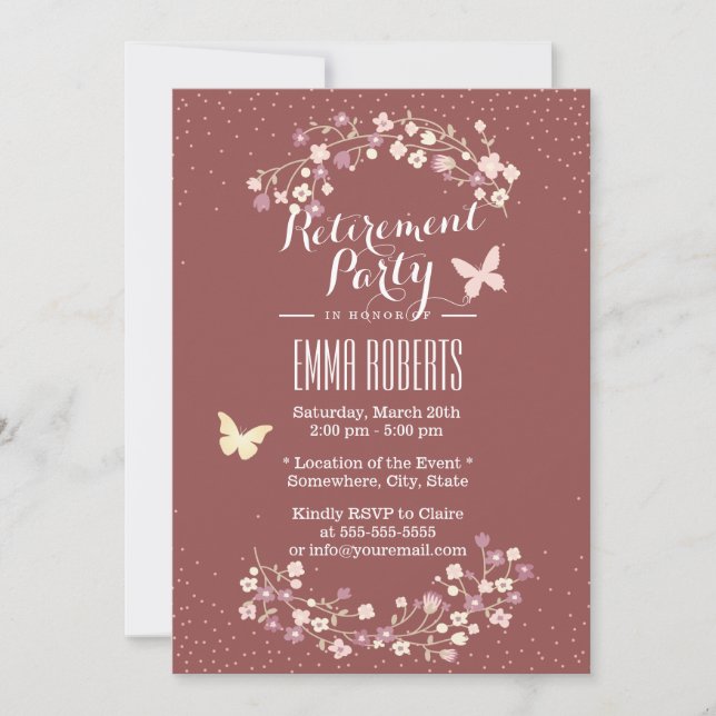 Brick Red Butterfly & Flowers Retirement Party Invitation (Front)