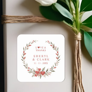 Brick Red Floral & Hearts Romantic Wedding Garland Square Sticker