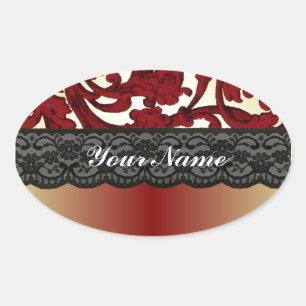 Brick red & gold damask oval sticker