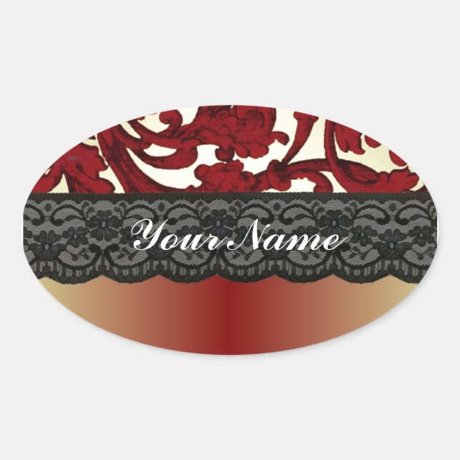Brick red & gold damask oval sticker (Front)