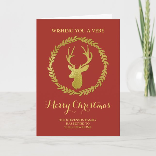 Brick Red Gold Deer Wreath Christmas New Address Holiday Card (Front)