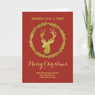 Brick Red Gold Deer Wreath Christmas New Address Holiday Card