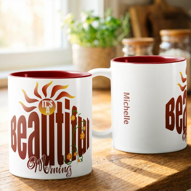 Brick Red Sunrise Two-Tone Coffee Mug (Coffee tastes better in a cute hand drawn mug. Customize it with your name.)