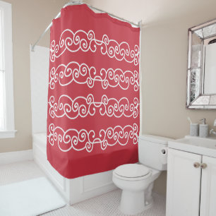 Brick red white scrolls shower curtain