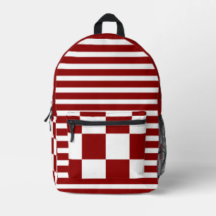 Brick Red White Vintage Chequered and Striped Printed Backpack