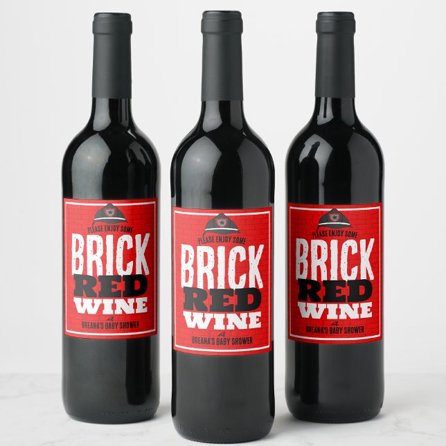 Brick Red Wine - Firefighter Wine Bottle Labels (Brick Red Wine Firetruck Baby Shower Wine Labels - Cute & Unique Addition to your Baby Shower)
