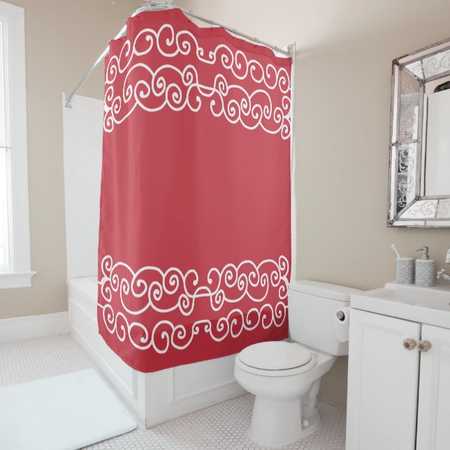 Brick red with white scrolls shower curtain (In Situ)