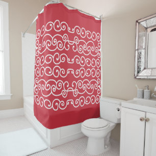 Brick red with white scrolls shower curtain