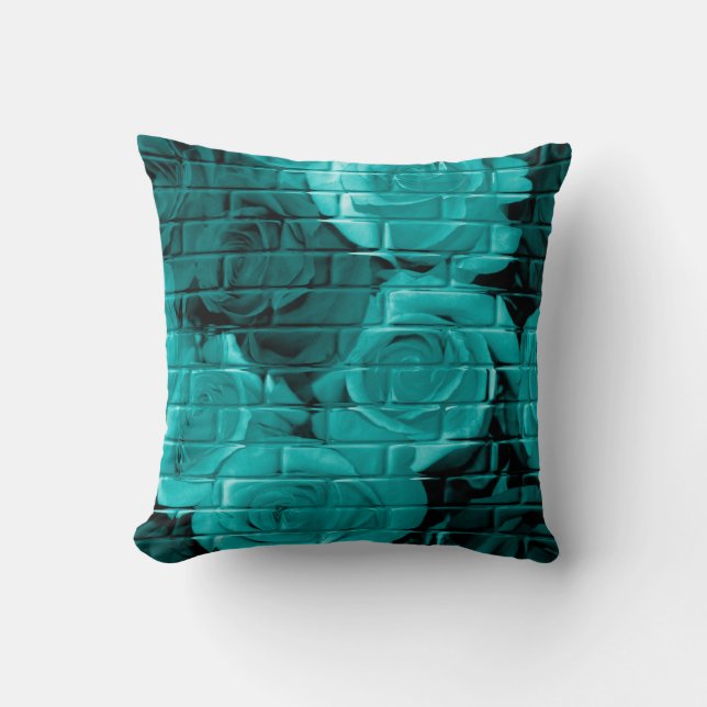 Brick Roses 03-Teal-Square Throw Pillow (Front)