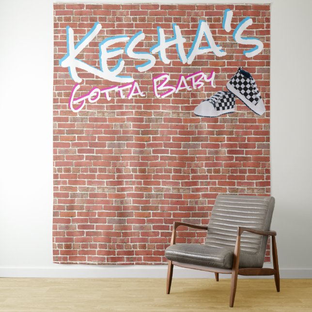 Brick Wall 90's Hip Hop Gender Reveal Photo Booth Tapestry (In Situ)