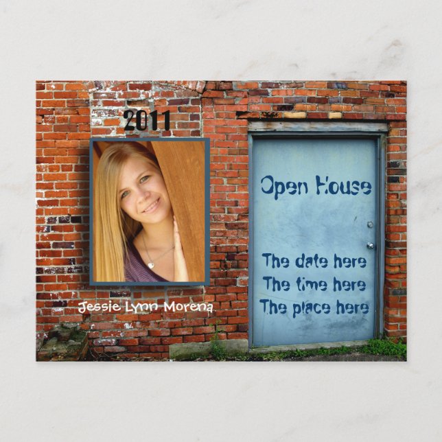 brick wall and blue door open house card (Front)