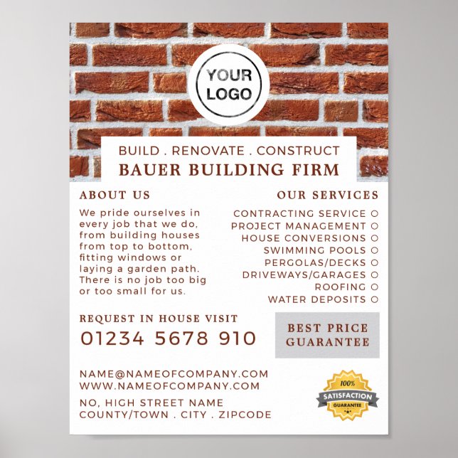 Brick Wall, Building Firm Logo, Builders Advert Poster (Front)