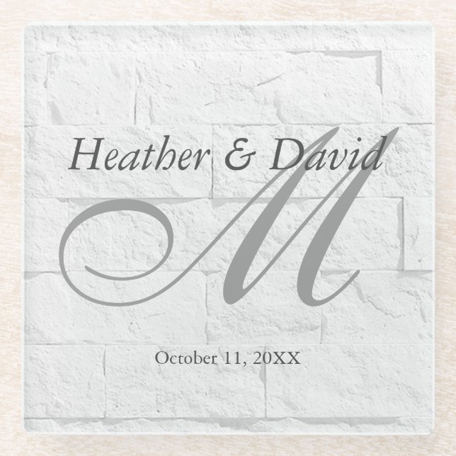 Brick Wall Calligraphy Script Monogram Wedding Glass Coaster (Front)