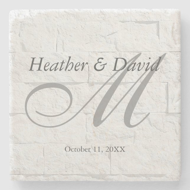 Brick Wall Calligraphy Script Monogram Wedding Stone Coaster (Front)