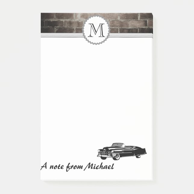 Brick wall classy old car monogram post-it notes (Front)