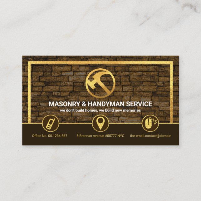 Brick Wall Gold Frame Masonry Contractor Business Card (Front)