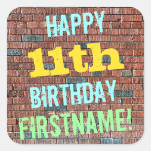 Brick Wall Graffiti Inspired 11th Birthday + Name Square Sticker